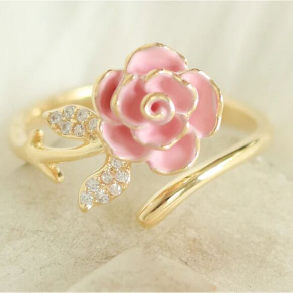 Lovely Pink Enamel Rose Flower Wrap Ring Gold Rhinestones Adjustable - Picture 2 of 9